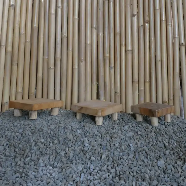 Product image 6 of the product “Low Stool made from teak root wood, Set of 3. Sizes: L: 20x20x7cm H. M:18x18x7cm H. S: 15x15x7cm H. ”